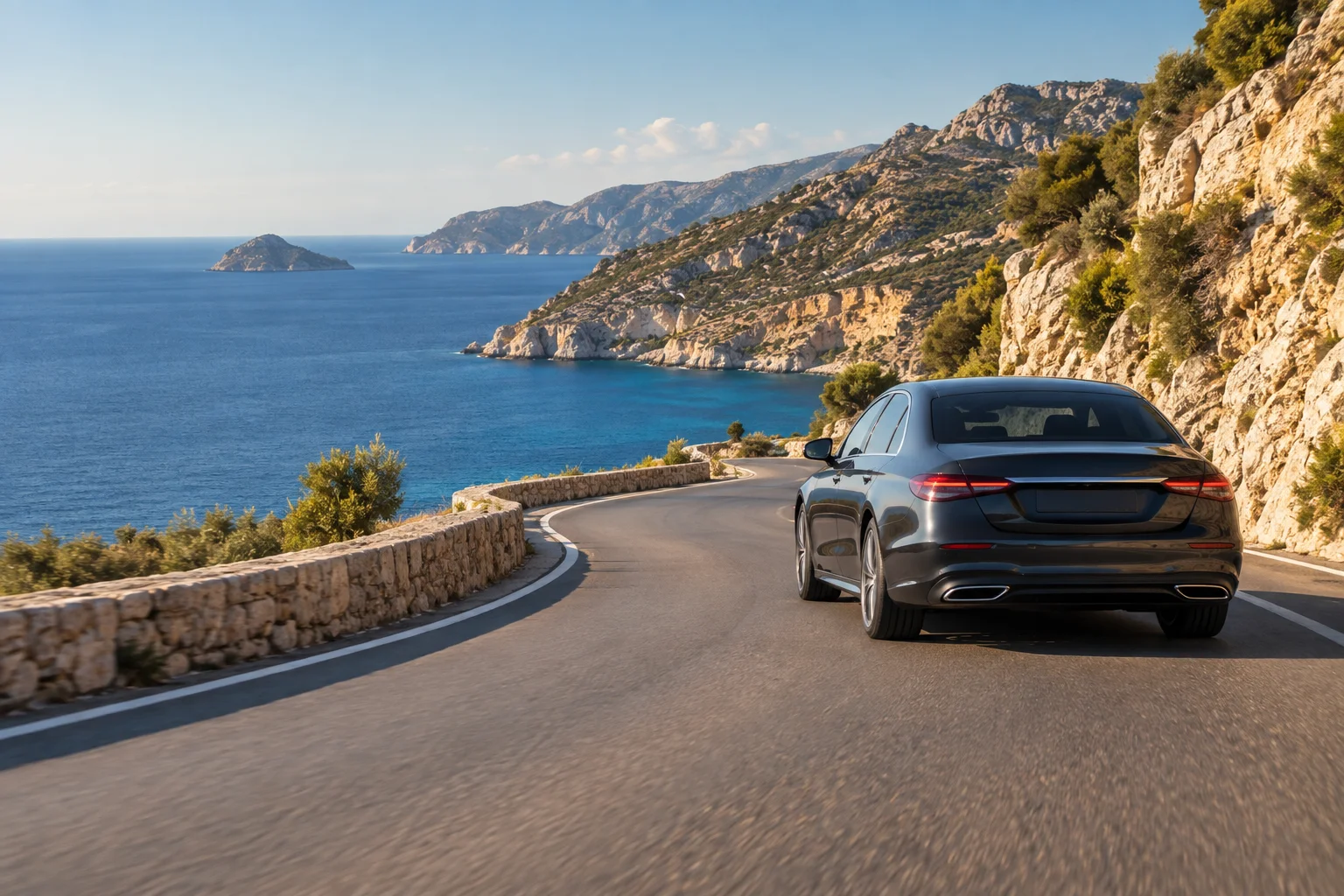 A car on a Mediterranean coastal road; representative travel image